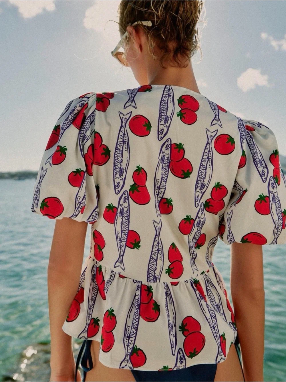 Zara Tomato & Sardines Print Puff Sleeves Top Blouse